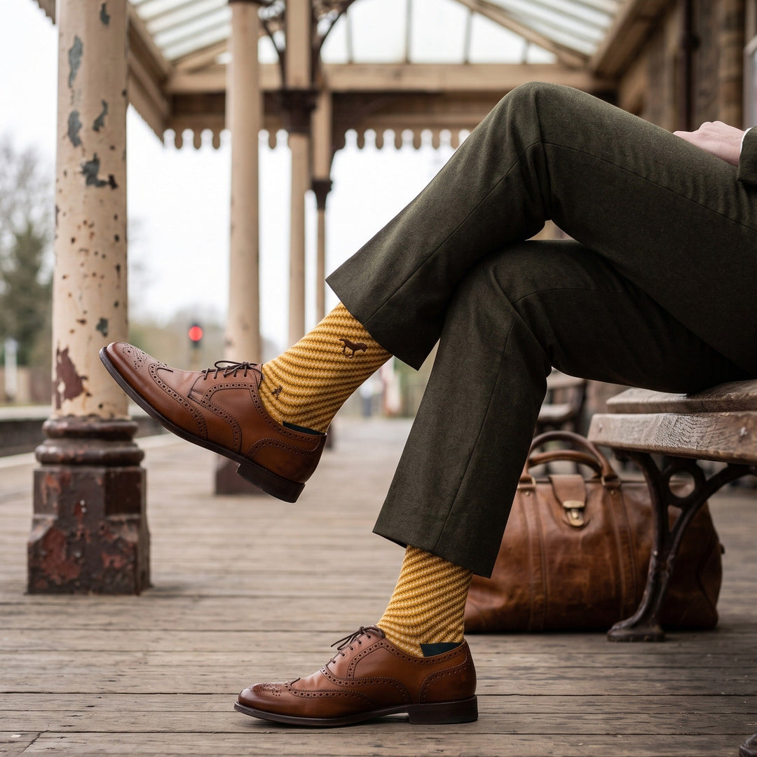 Man on a railway platform bench wearing mustard Galloper Zigzag socks with olive trousers and brown brogues