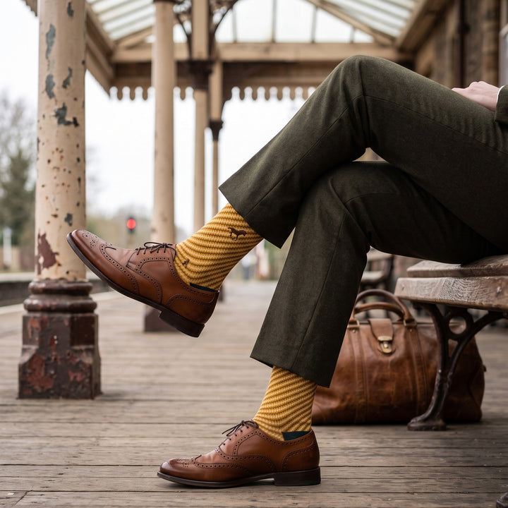 Man on a railway platform bench wearing mustard Galloper Zigzag socks with olive trousers and brown brogues