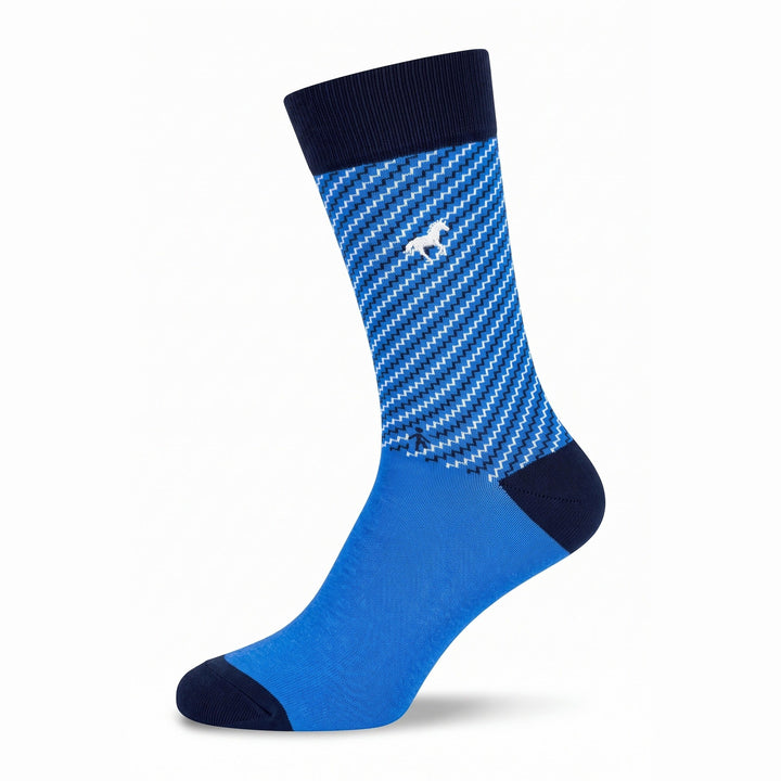 Blue Galloper Zigzag crew sock with navy cuff and white horse emblem — side view