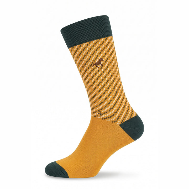 Mustard Galloper Zigzag crew sock with green cuff and brown horse emblem — side view