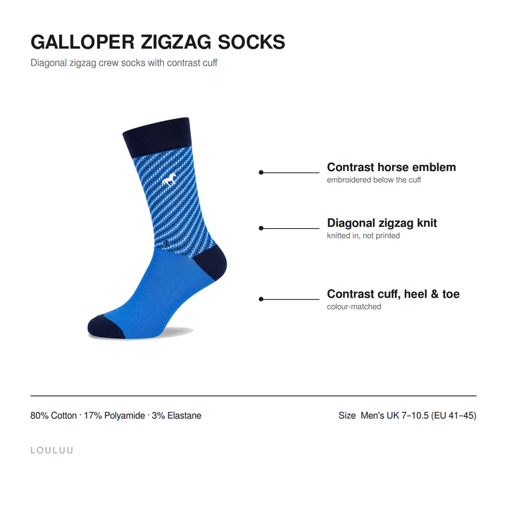 Galloper Zigzag socks infographic — contrast horse emblem, diagonal zigzag knit, contrast cuff heel and toe, 80% cotton, men&