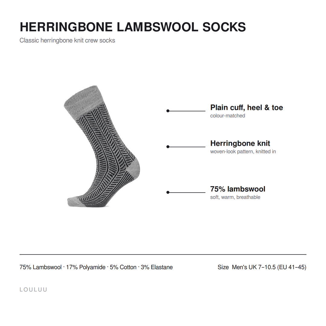 Herringbone lambswool socks infographic — plain cuff heel and toe, herringbone knit, 75% lambswool, men&