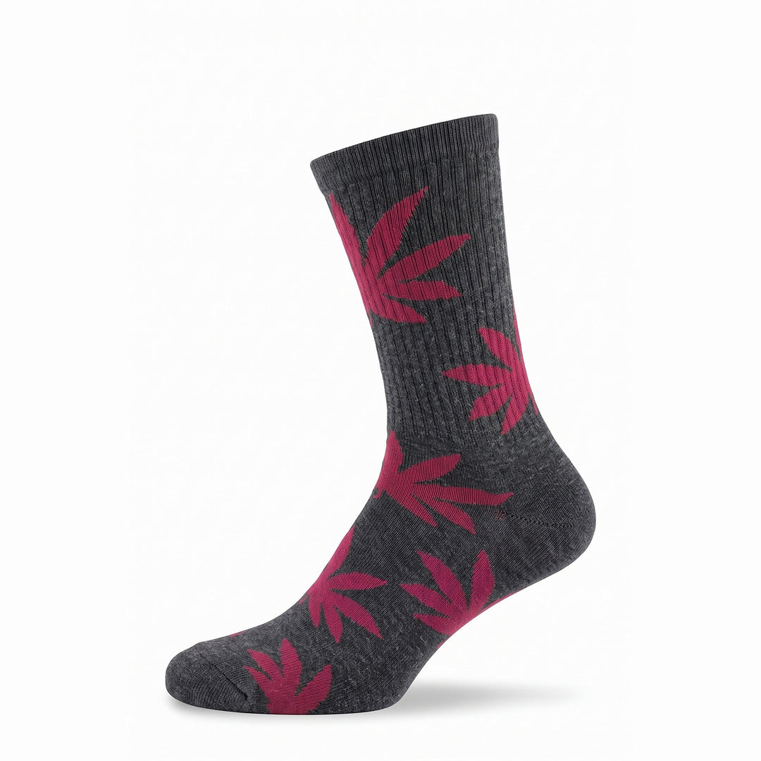 Charcoal cushioned cotton crew sock with burgundy leaf motifs — side view