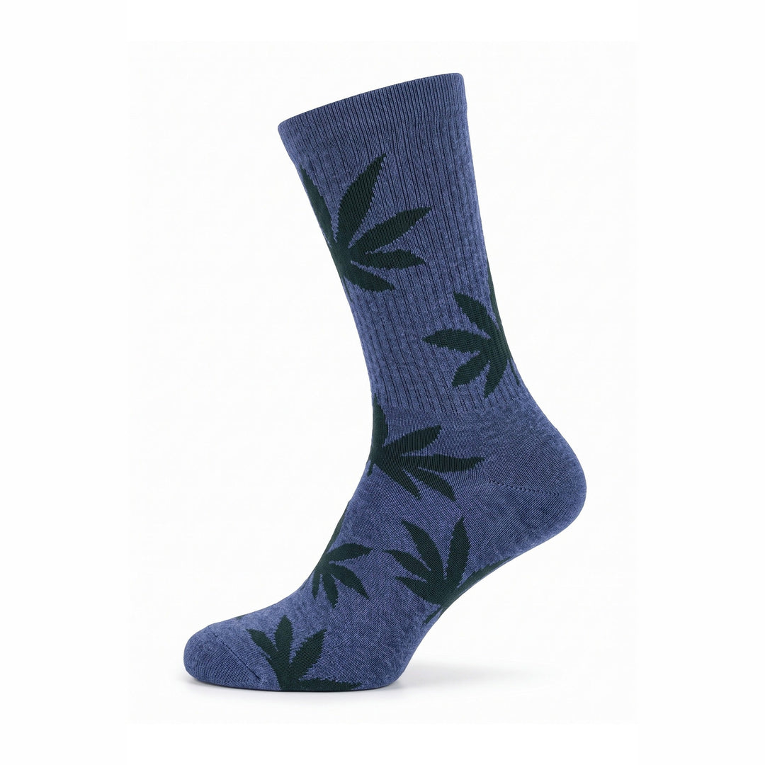 Indigo cushioned cotton crew sock with green leaf motifs — side view