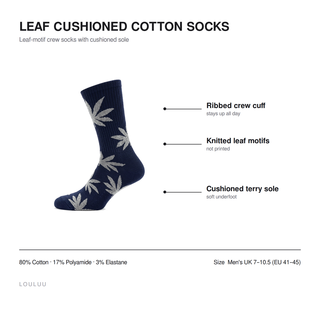 Leaf cushioned cotton socks infographic — ribbed crew cuff, knitted leaf motifs, cushioned terry sole, 80% cotton, men&