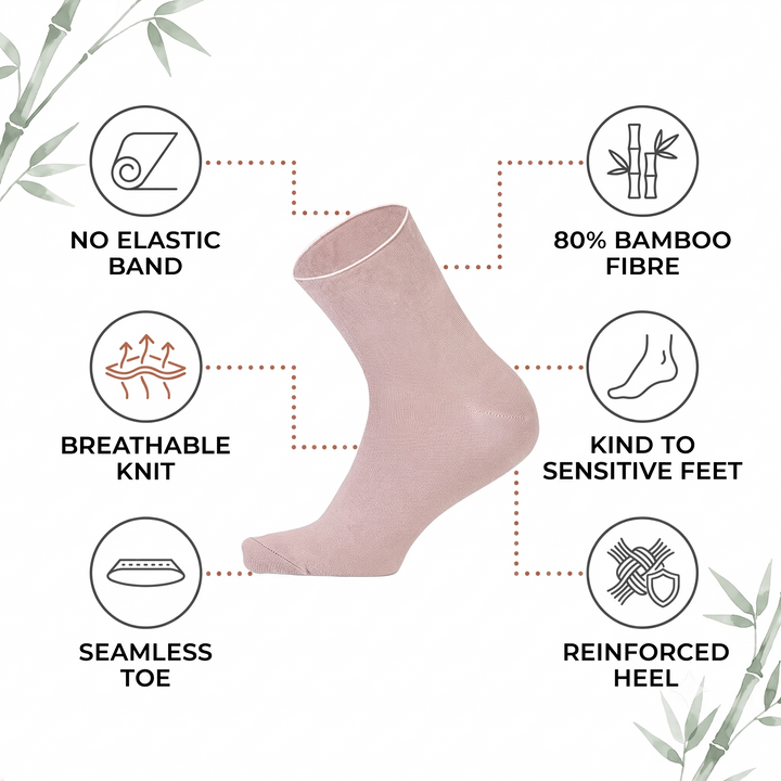 Louluu bamboo no-mark ankle sock features — no elastic band at the cuff, 80% bamboo fibre, breathable knit, seamless toe, reinforced heel