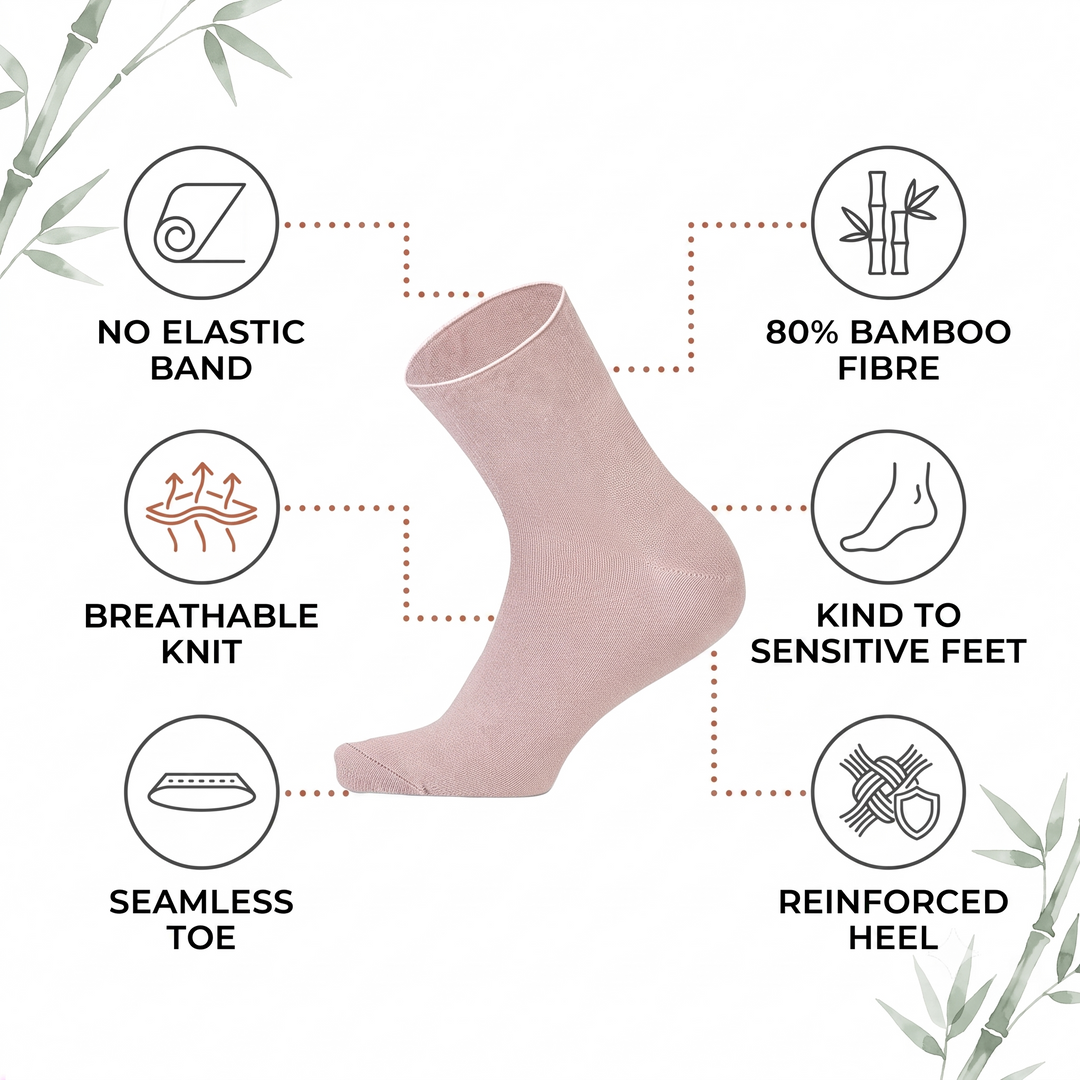 Louluu bamboo no-mark ankle sock features — no elastic band at the cuff, 80% bamboo fibre, breathable knit, seamless toe, reinforced heel