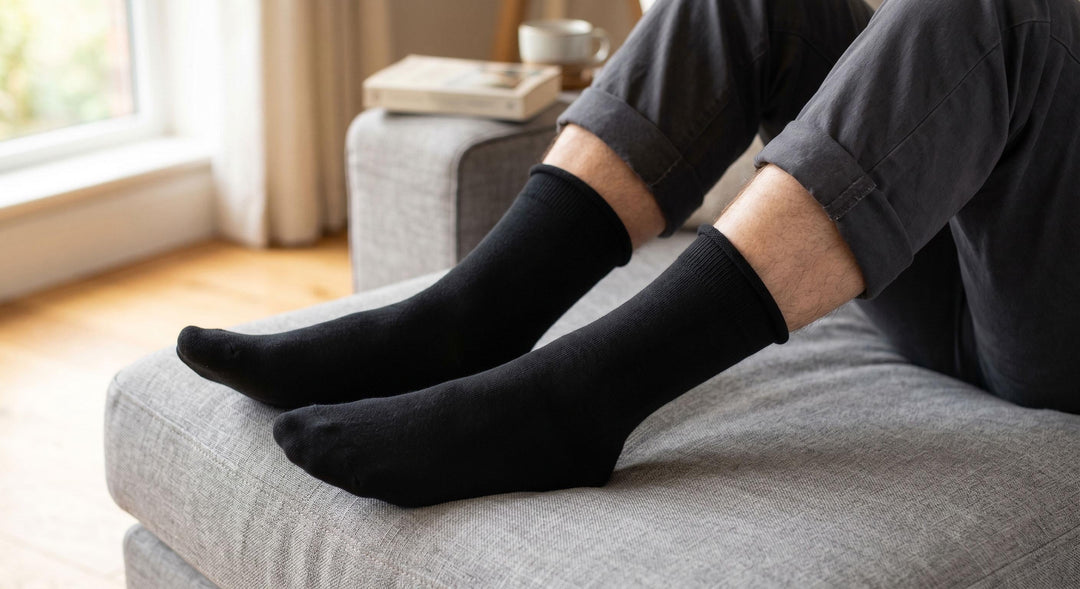 Louluu men's black bamboo no-mark crew socks worn at home — non-elastic wide top that leaves no marks on the leg