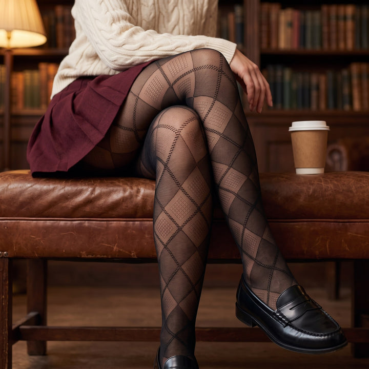 Penti Diamond Checked Argyle Sheer Fashion Tights styled with a pleated mini skirt and loafers | Fashiontight UK