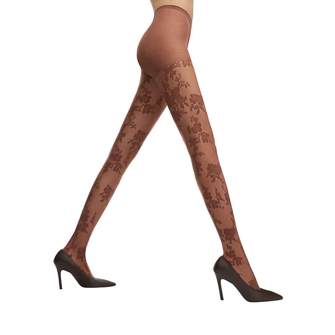 Penti Elegant Rose Floral Lace-Effect Fashion Tights in Brown | Fashiontight UK