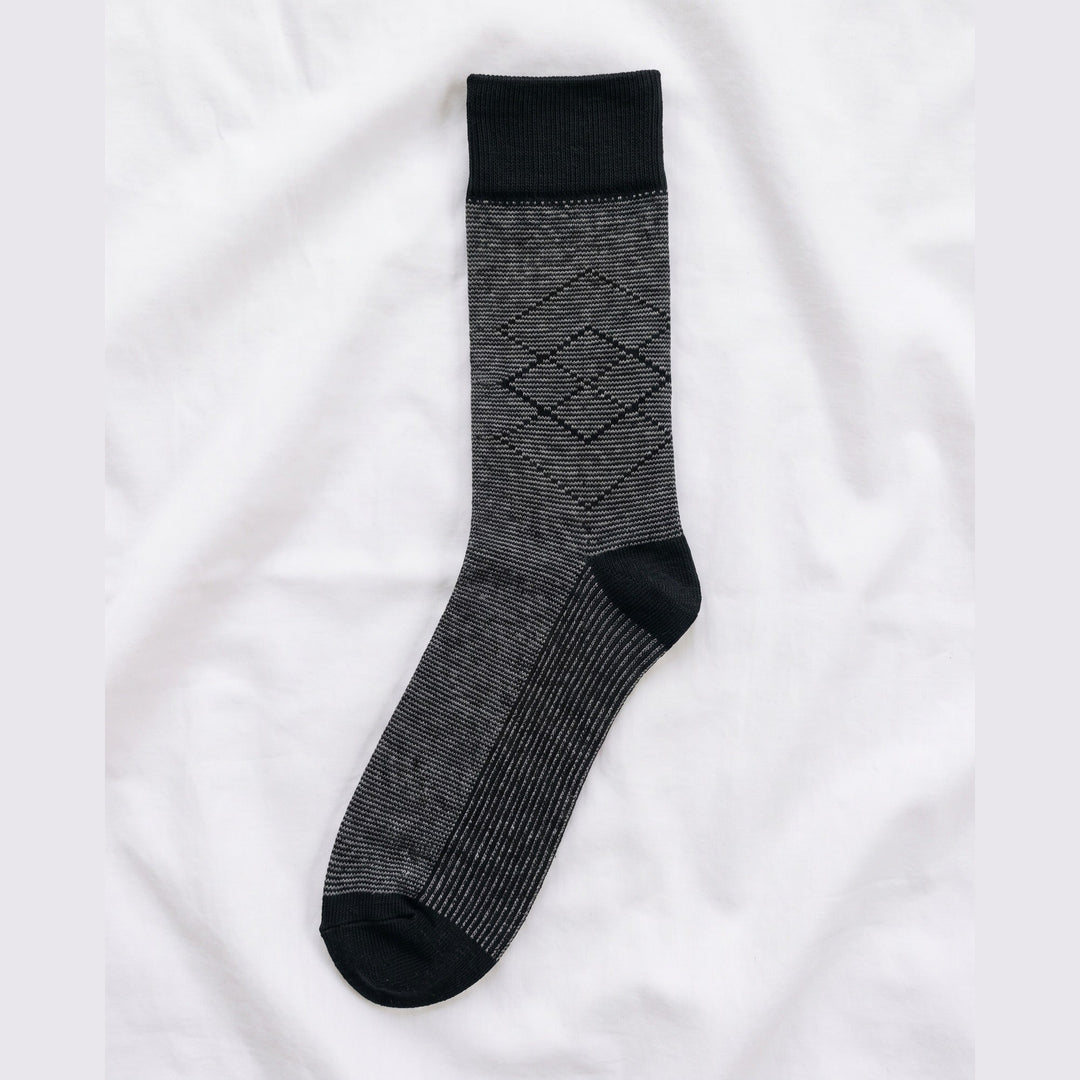 Louluu Pinstripe Diamond lambswool sock in grey and black pinstripe with diamond motif — flat lay