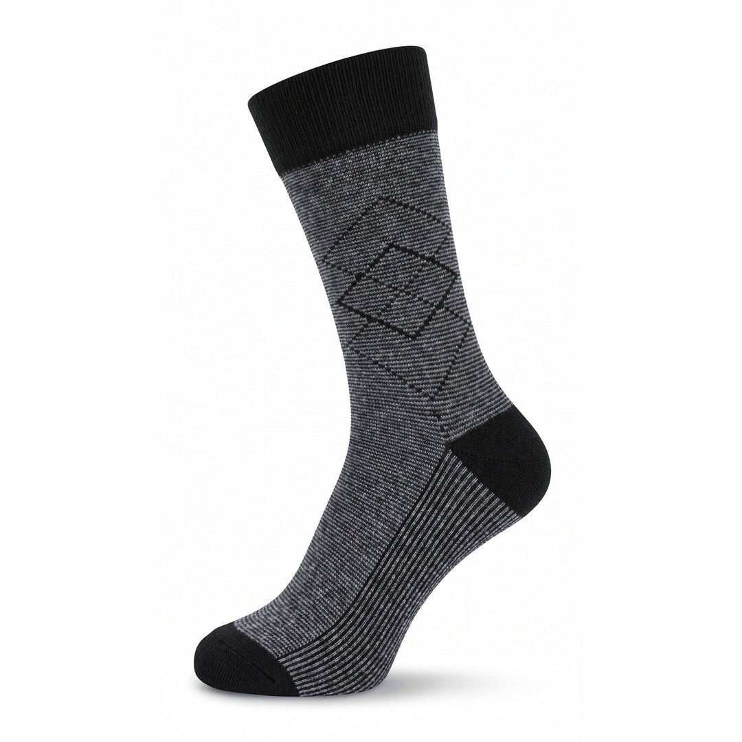 Grey and black pinstripe diamond lambswool crew sock — side view