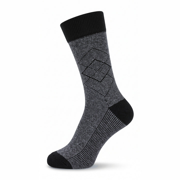 Grey and black pinstripe diamond lambswool crew sock — side view