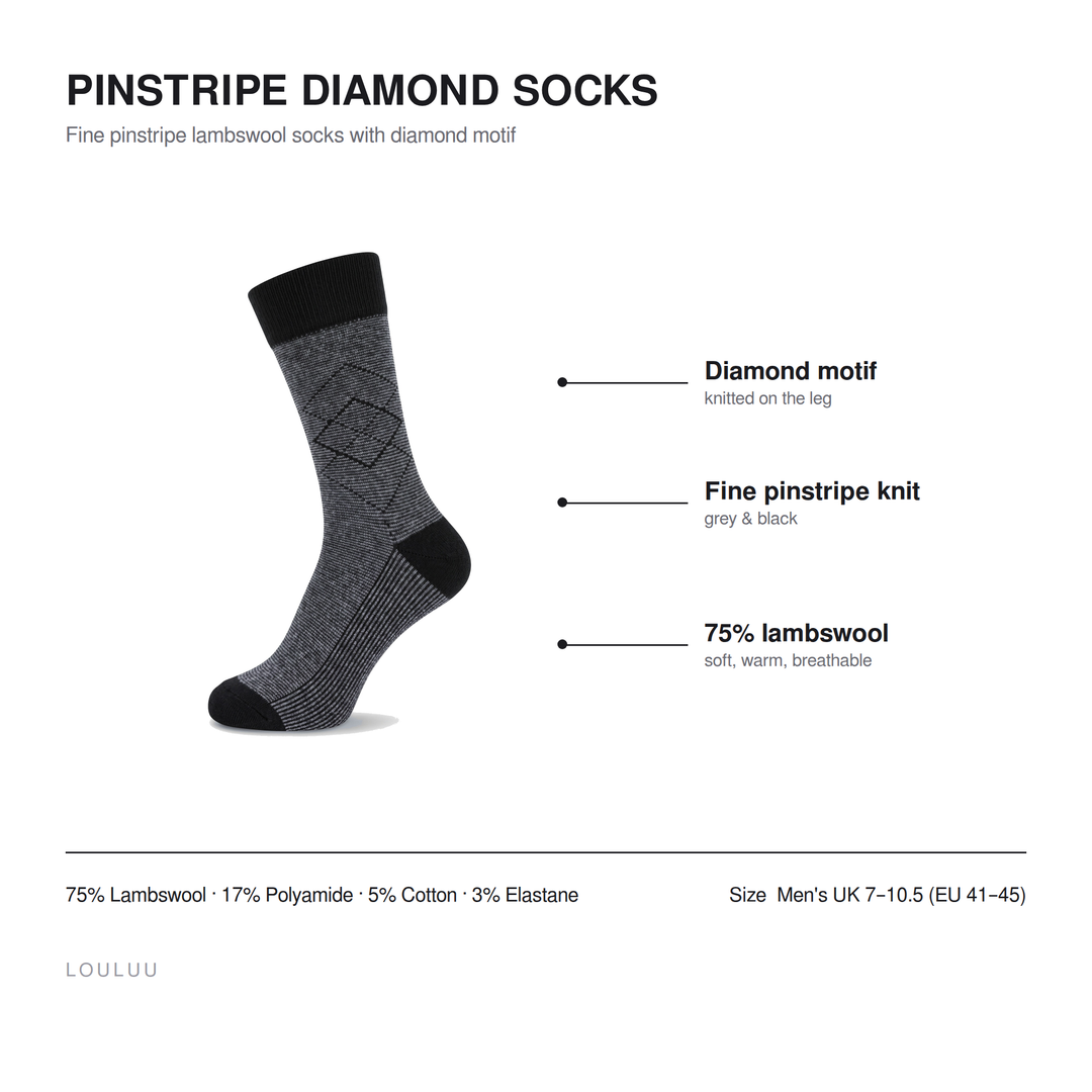 Pinstripe Diamond socks infographic — diamond motif, fine pinstripe knit, 75% lambswool, men&