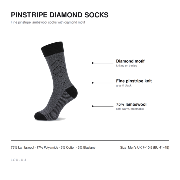Pinstripe Diamond socks infographic — diamond motif, fine pinstripe knit, 75% lambswool, men&
