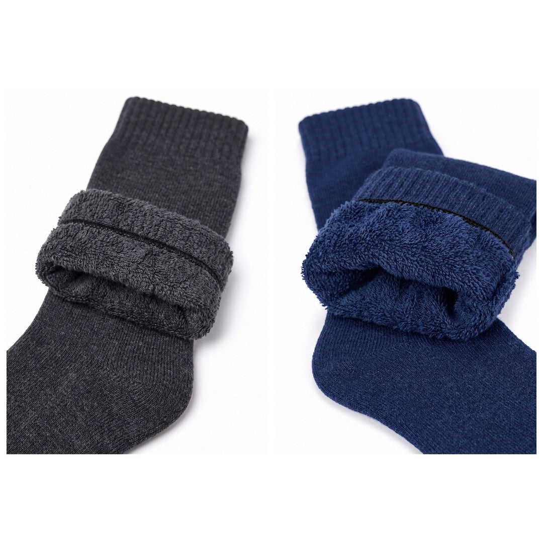 Louluu Fleece Lined Thermal socks in charcoal and navy with cuffs folded down to show the brushed fleece lining