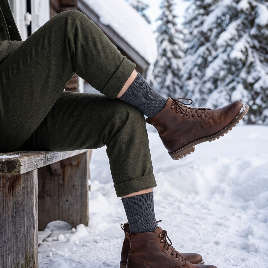 Man outside a snowy cabin wearing charcoal fleece lined thermal socks with olive trousers and leather winter boots