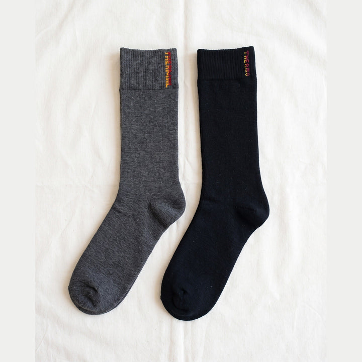 Louluu Thermo double-layer terry cotton socks in charcoal and black with knitted THERMO cuff detail — flat lay