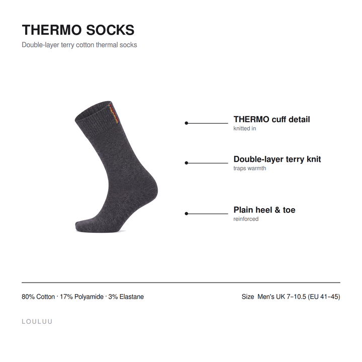Thermo socks infographic — THERMO cuff detail, double-layer terry knit, plain heel and toe, 80% cotton, men&