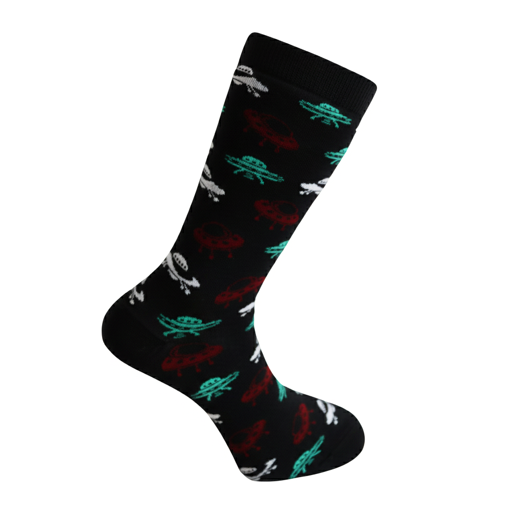 Louluu men's cotton Black Ufo crew socks — breathable — front view | Louluu